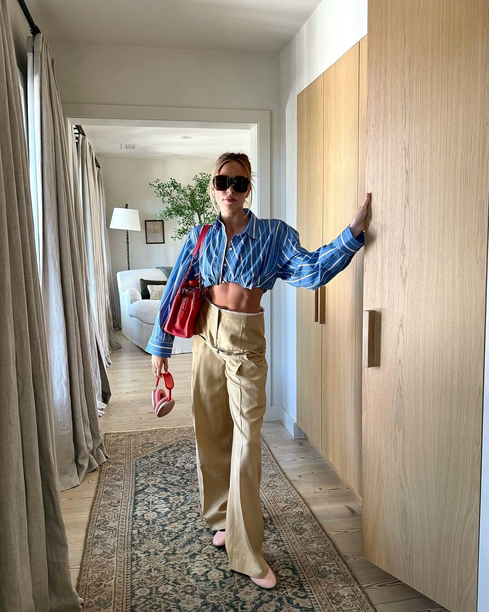 alexandra-cooper-blue-plaid-shirt-beige-chinos