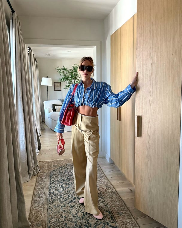 alexandra-cooper-blue-plaid-shirt-beige-chinos