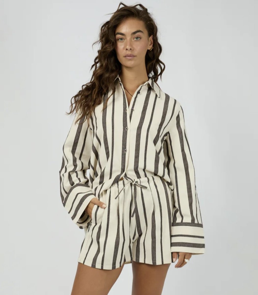 denim shirt and shorts in light brown from All About Eve