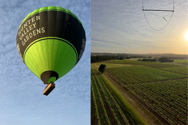 Split image, on the left a hot air balloon. On the right, a view of the vinyard. 