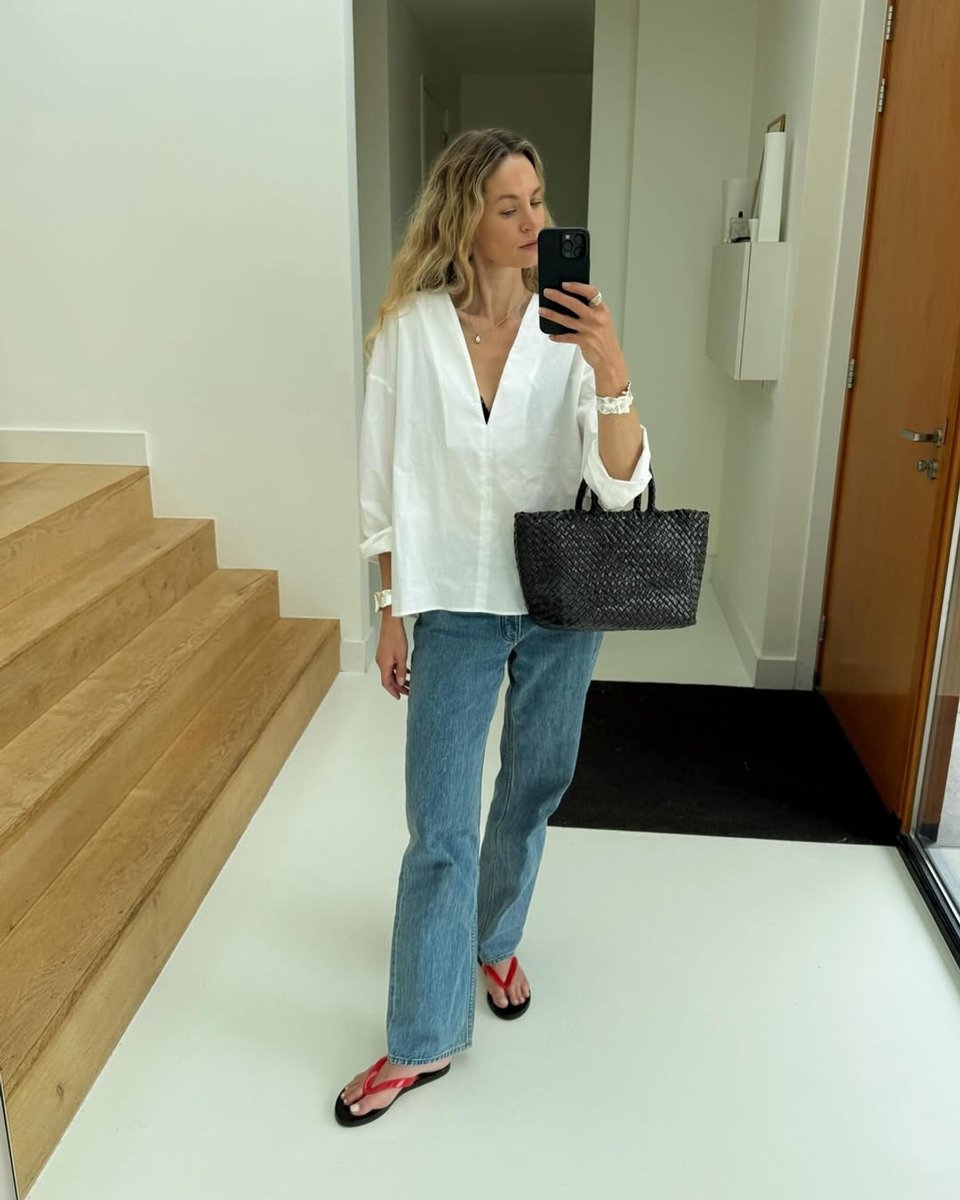 Influencer Anouk Yve in Ancient Greek Sandals thongs.