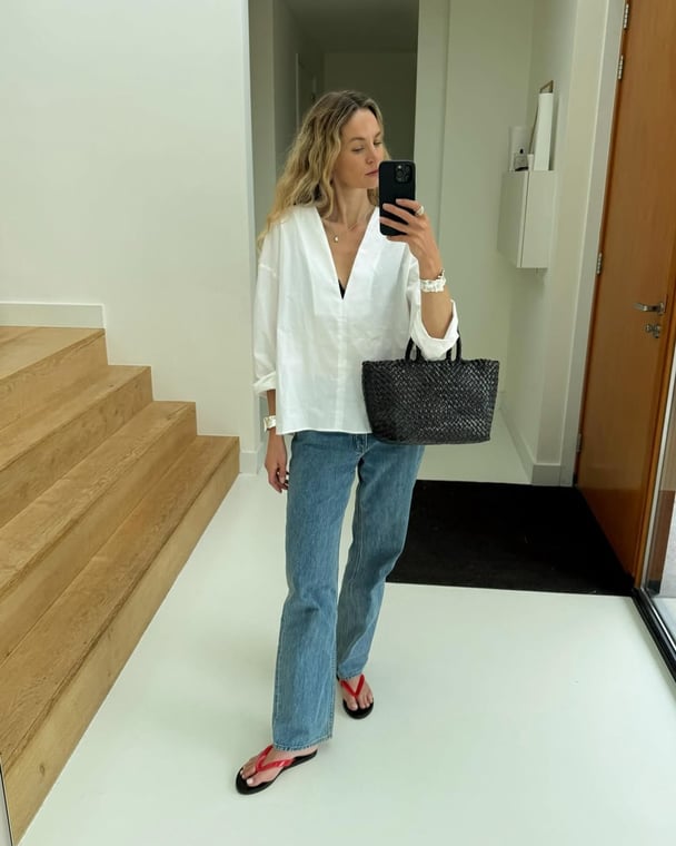 Influencer Anouk Yve in Ancient Greek Sandals thongs.