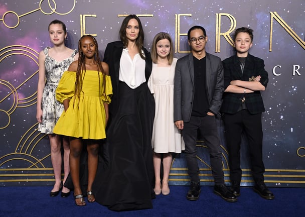 Angelina Jolie with her kids Shiloh, Zaharah, Vivienne, Maddox and Knox at the premiere of Eternals in 2021.