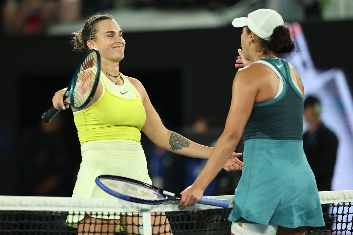 Aryna Sabalenka and Madison Keys hug after Keys won the Australian Open. Image