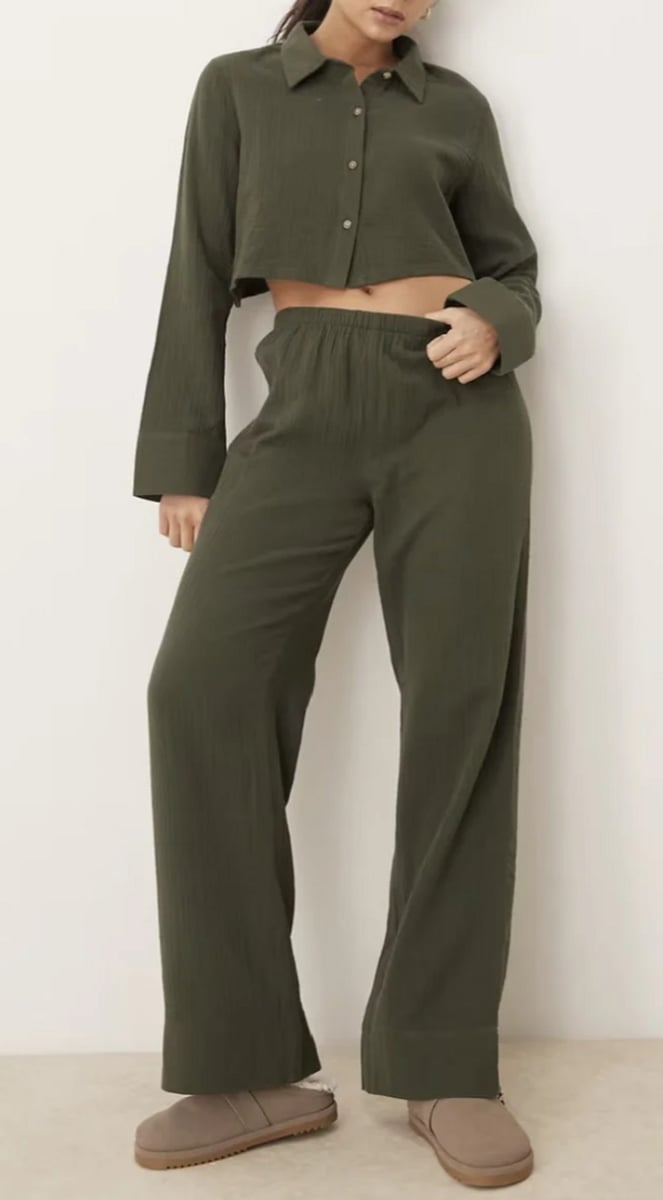 woman wearing khaki pjs with a cropped top