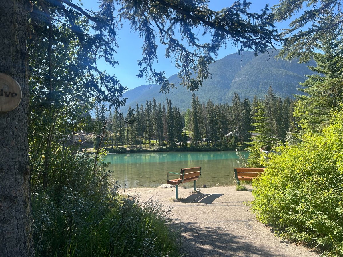 Two empty park benches overlooking Bow Lake in Banff.