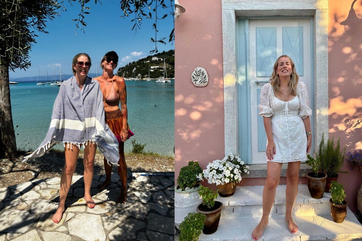 women at Lakka beach paxos and side by side in front of a pink wall 