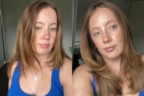 Split image. On the left selfie of Lucy with natural wavy hair, on the right is a bouncy blowout after using the thermal brush.