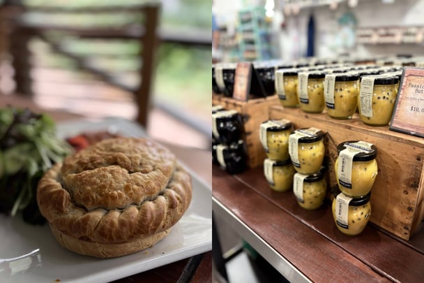 Split image of a home made pie and a shelf with assorted preserves.