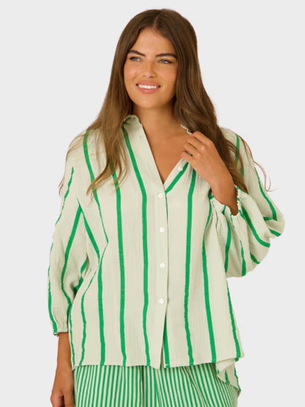 Green and white striped button up.