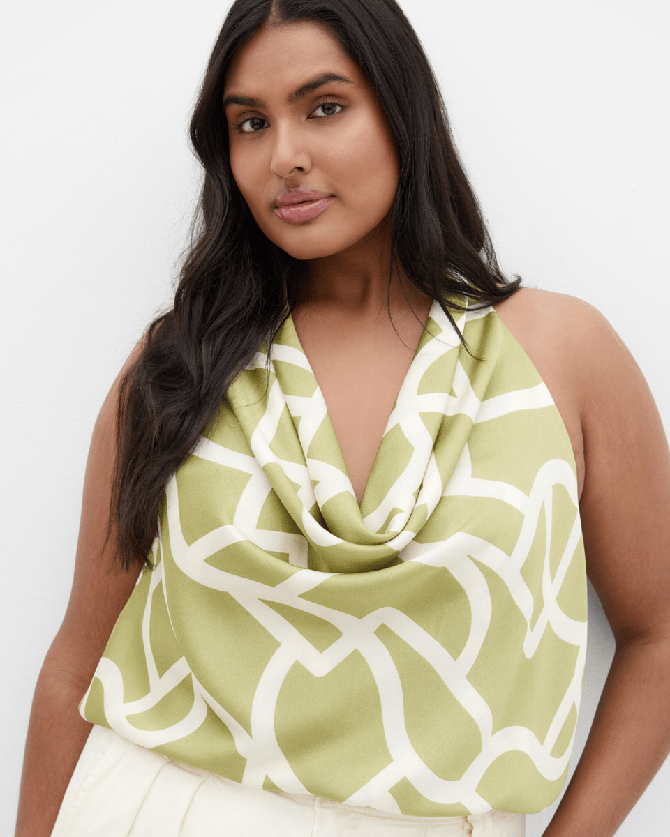 City Chic Chloe Cowl Neck Print Top in Sage