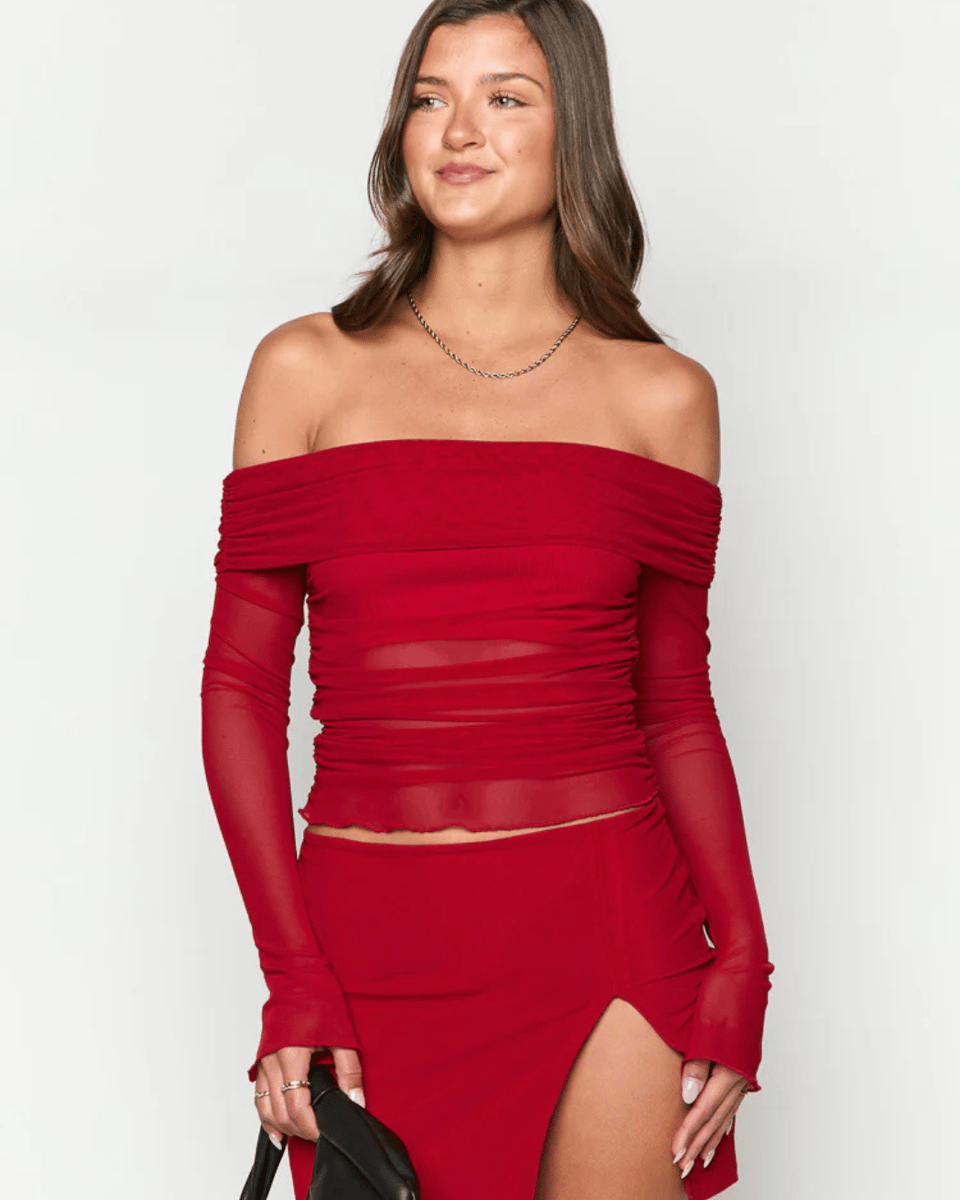 Beginning Boutique Sky Red Mesh Off Shoulder Top