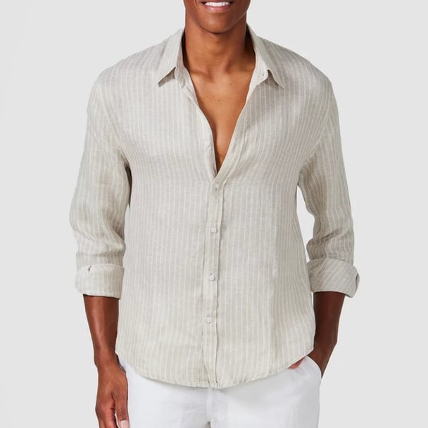Vacay Swimwear Brown Stripe Linen Shirt, $125.