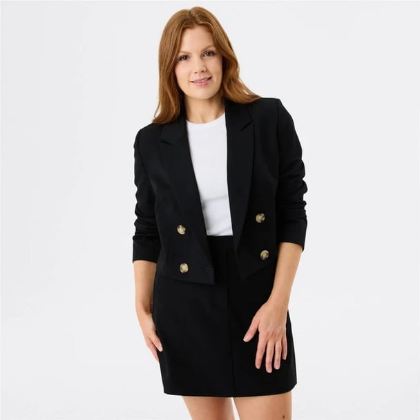 woman wearing a black cropped blazer from Big W