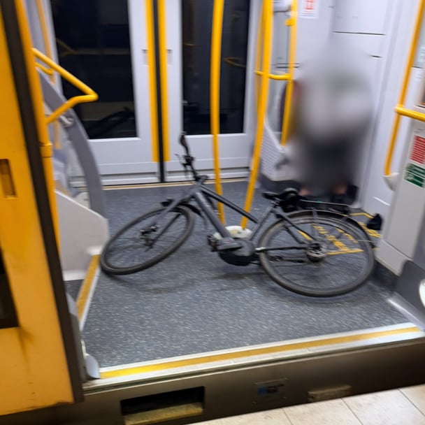 Picture of bike blocking path on train.