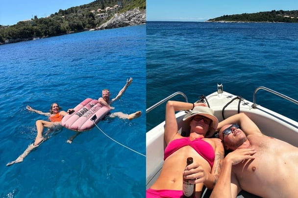 poeple swimming in the sea and on a boat in Paxos