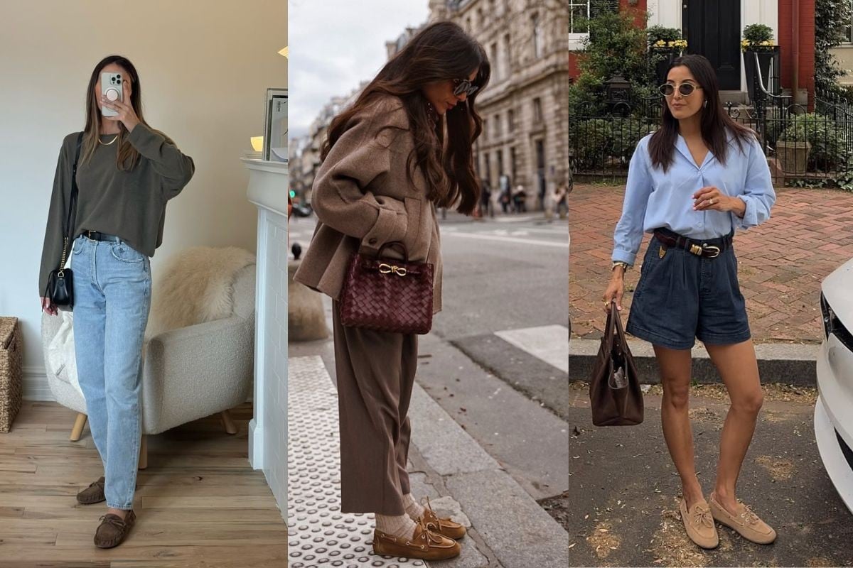 3 women wearing boat shoes styled in different ways 