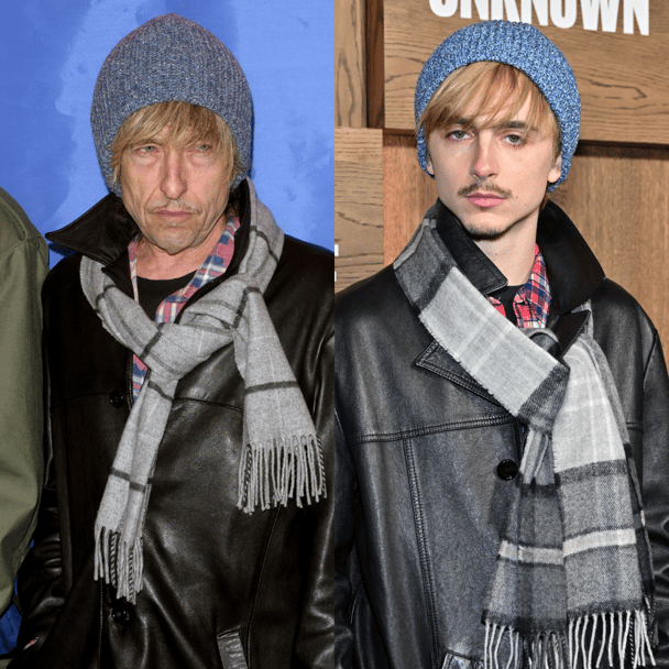 Bob Dylan and Timothee Chalamet wearing the same outfits 20 years apart. 