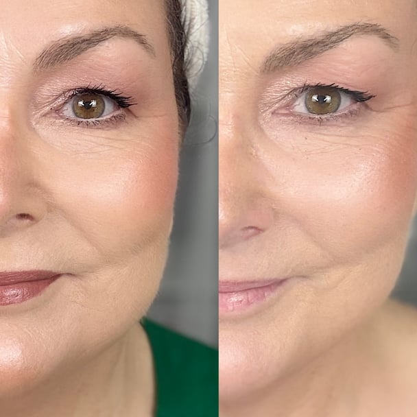Side by side image of Teresa’s makeup taken 15 hours apart.