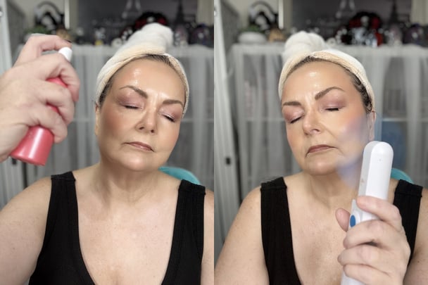 Teresa doing the second drenching to soften remaining powderiness and to tone down the makeup.