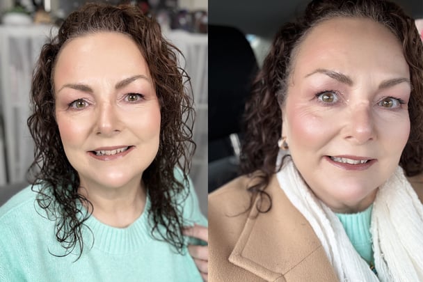 Teresa’s finished makeup looks in natural lighting, proving that powder can look glowy and skin-like on mature skin.