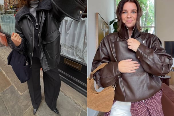 woman wearing black leather jacket and woman wearing brown leather jacket.