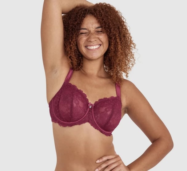 woman wearing burgendy underwire bra