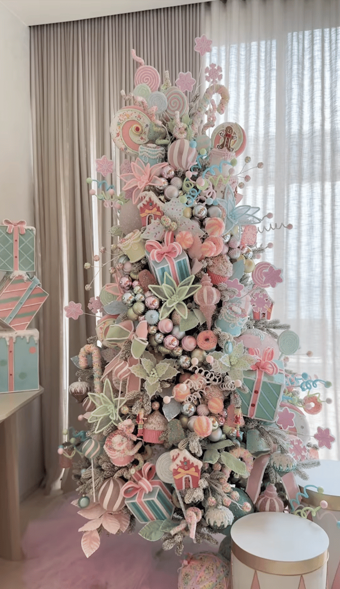 A modern Christmas tree in pastel pinks and blues with candy motifs. 