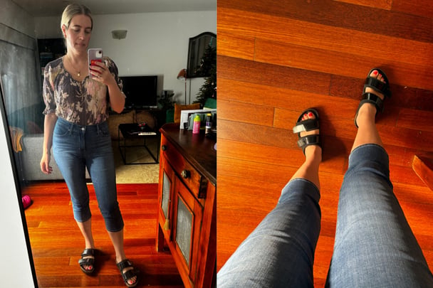 woman wearing capris and bikenstocks