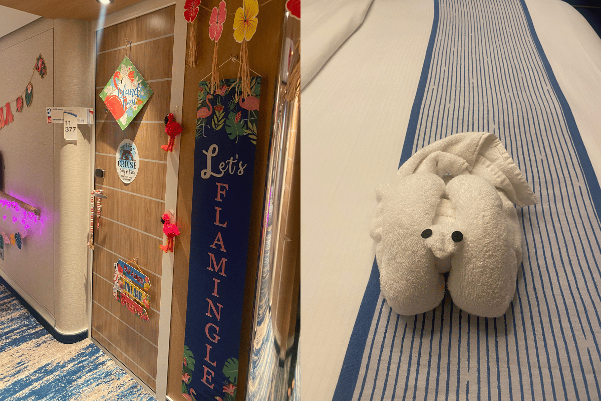 Cruise decorations on a door and a towel animal on a bed on the Carnival Jubilee.