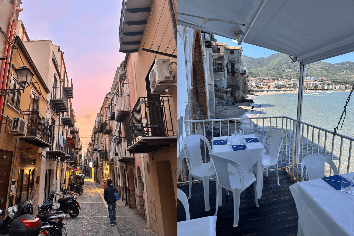 The cobbled streets and seaside restaurants in Cafalu.