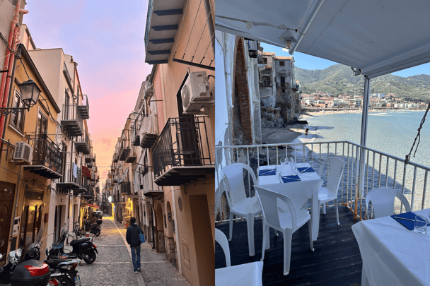 The cobbled streets and seaside restaurants in Cafalu.