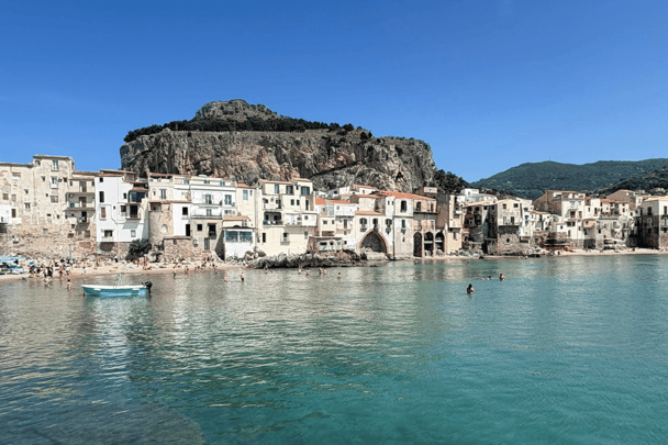 The amazing view of the Rocca mountain from the sea wall.