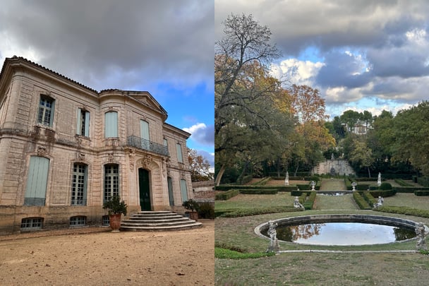 Split image of chateau entrance and garden with fountain.