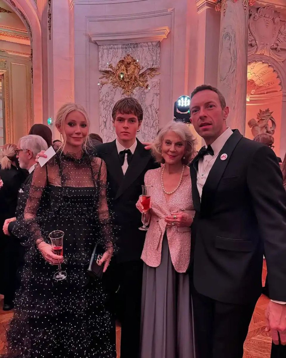 Gwyneth Paltrow, Moses Martin, Blythe Danner and Chris Martin at Apple Martin's debut in Paris.