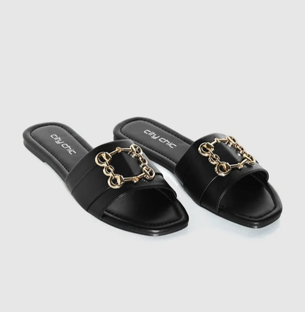 WIDE FIT Bejewel Slide black sandal with a gold buckle