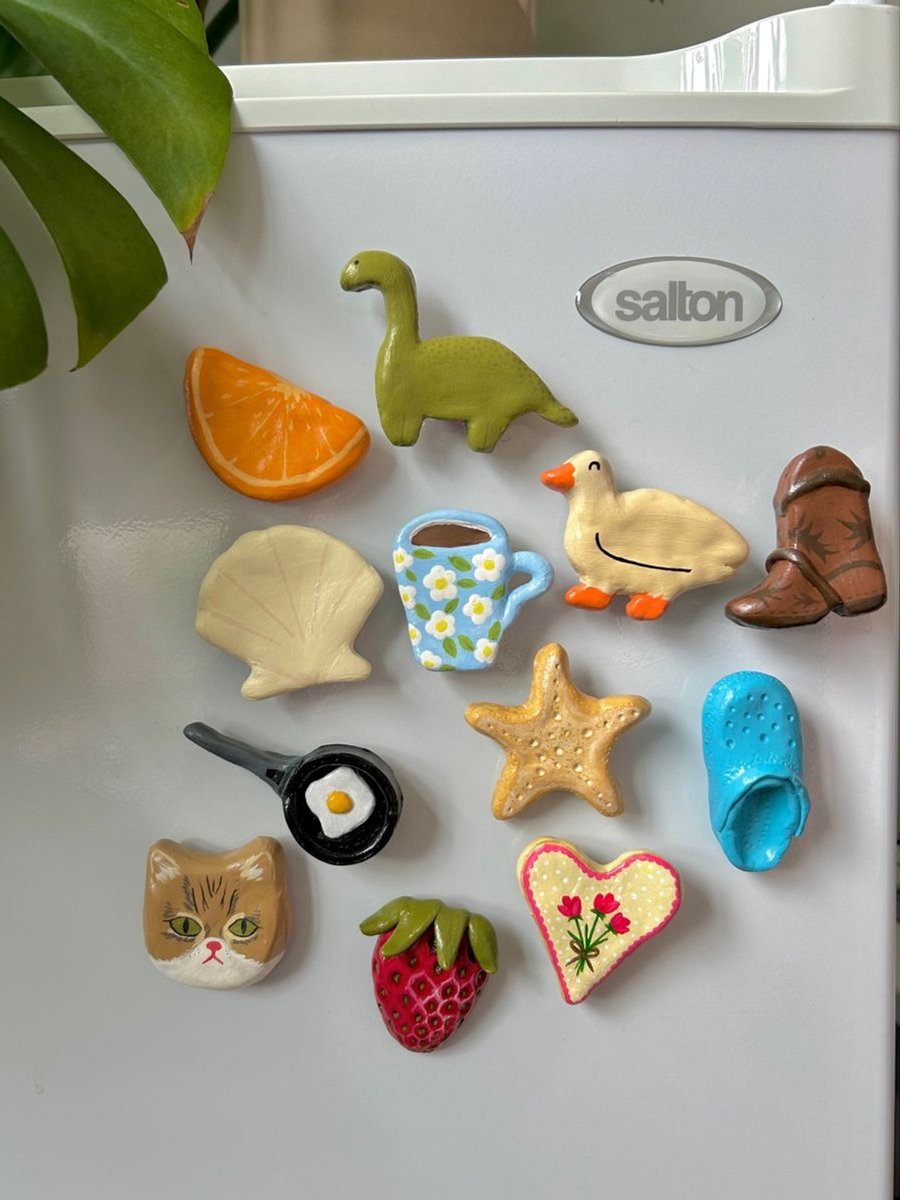 Handmade clay fridge magnets.