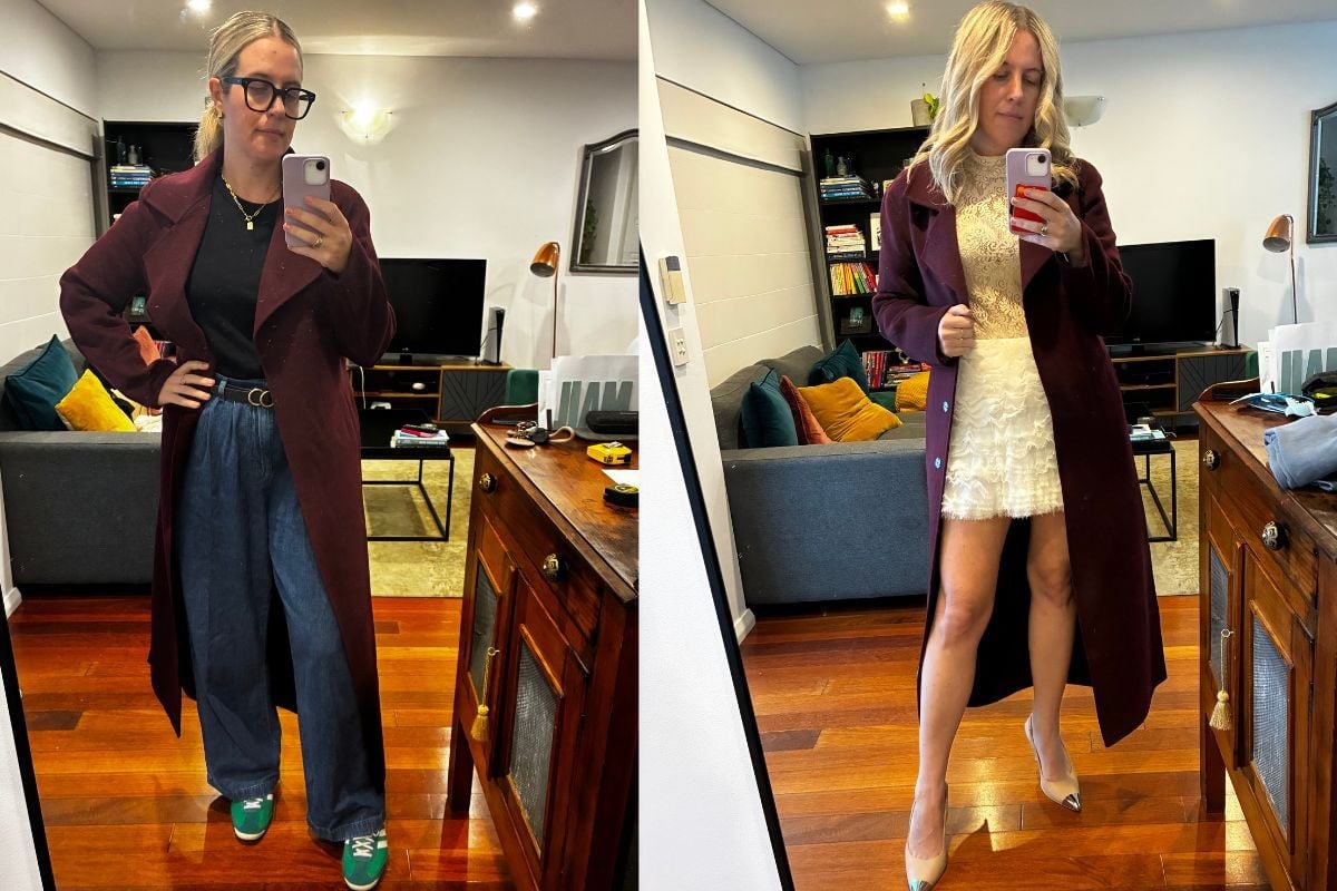 side by side of woman wearing a burgundy coat. 