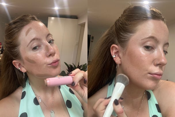 Split image of Lucy applying the contour onto face and then blending out with a makeup brush.
