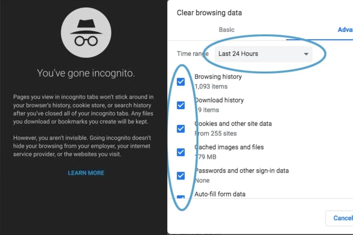 photos of incognito browsing and cookie cache clearing 