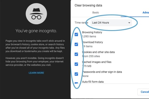 photos of incognito browsing and cookie cache clearing