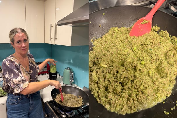 woman cooking boy kibble that turned green
