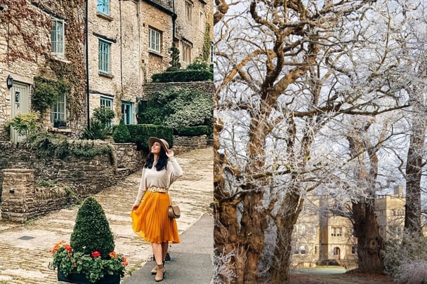 woman walking the streets of Cottswold and a castle with trees Cotswolds UK