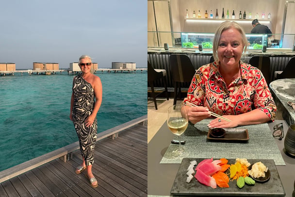 woman on a cruise eating sashimi