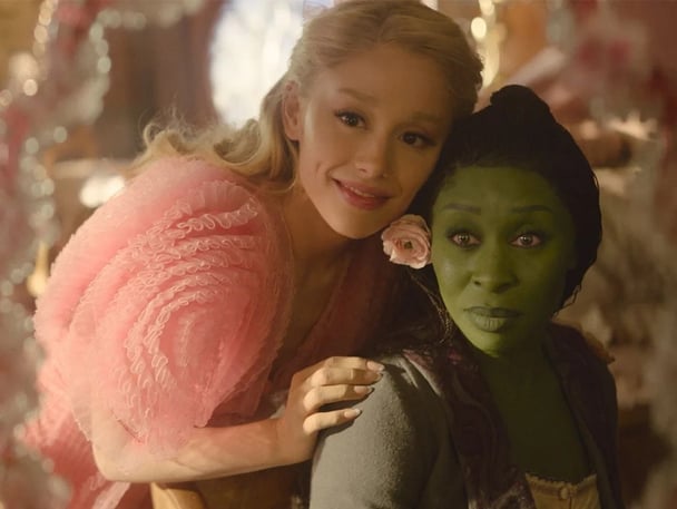 Ariana Grande and Cynthia Erivo as Glinda and Elphaba in a scene from Wicked. 