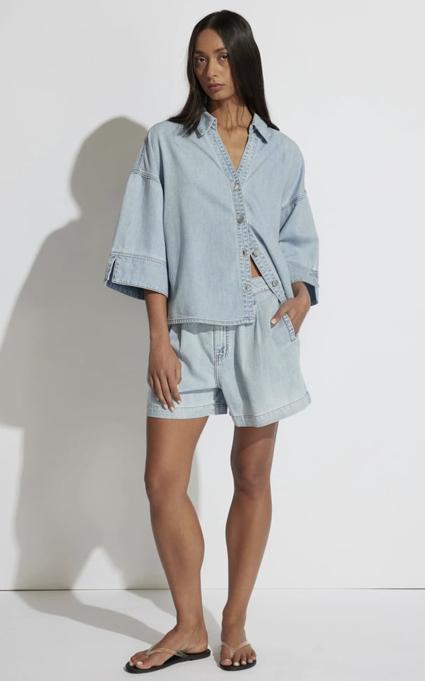woman wearing matching denim set from Decjuba