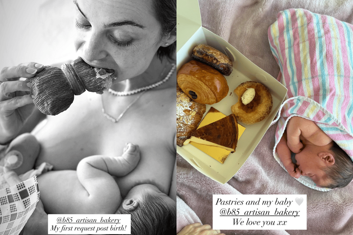 Domenica Calarco eats pastries after giving birth to her daughter.