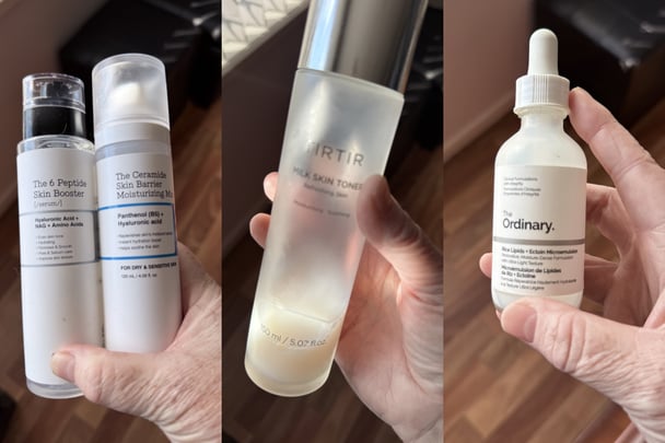 Split image of ceramide creams, TirTir milky toner and The Ordinary Rice Lipids serum.
