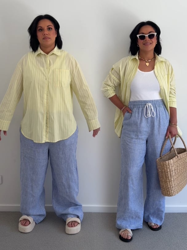 Emelia on the left in a baggy shirt and pants, unstyled. Emelia on the right in the same outfit, with a white tank, shirt tucked in and unbuttoned, styled.