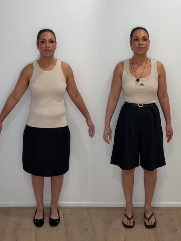 Emelia in a cream tank and black skirt on the left, unstyled. Emelia styled with tank tucked into black shorts with a belt and necklace, on the right.